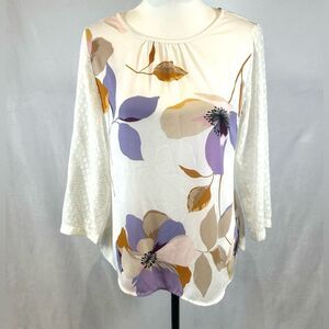 Off white and lavender purple floral mixed media top size small